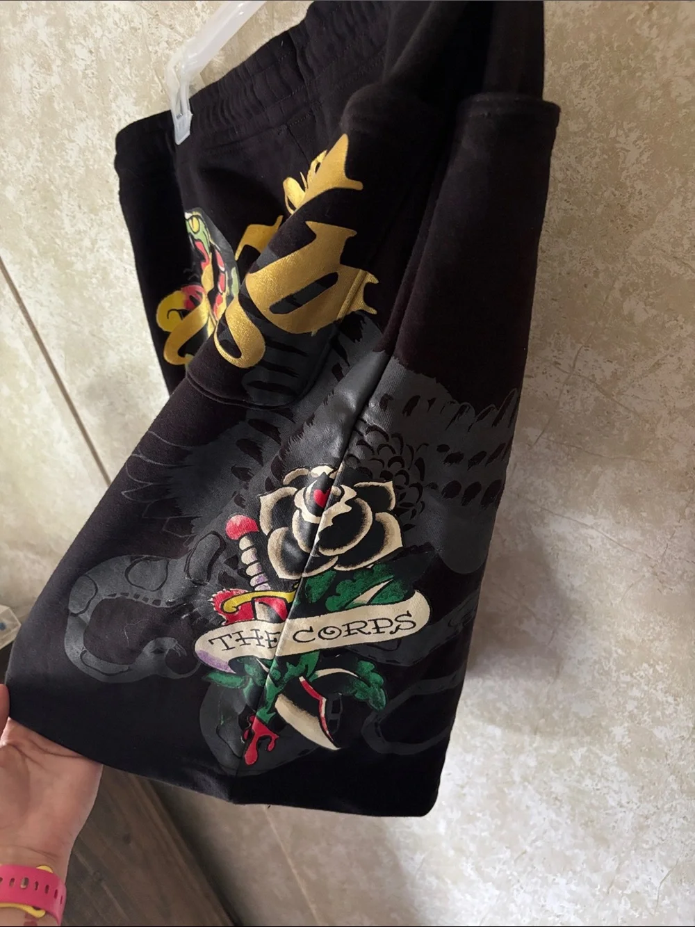 Ed Hardy Black Athletic Shorts with Gold Script and Multicolor Snake